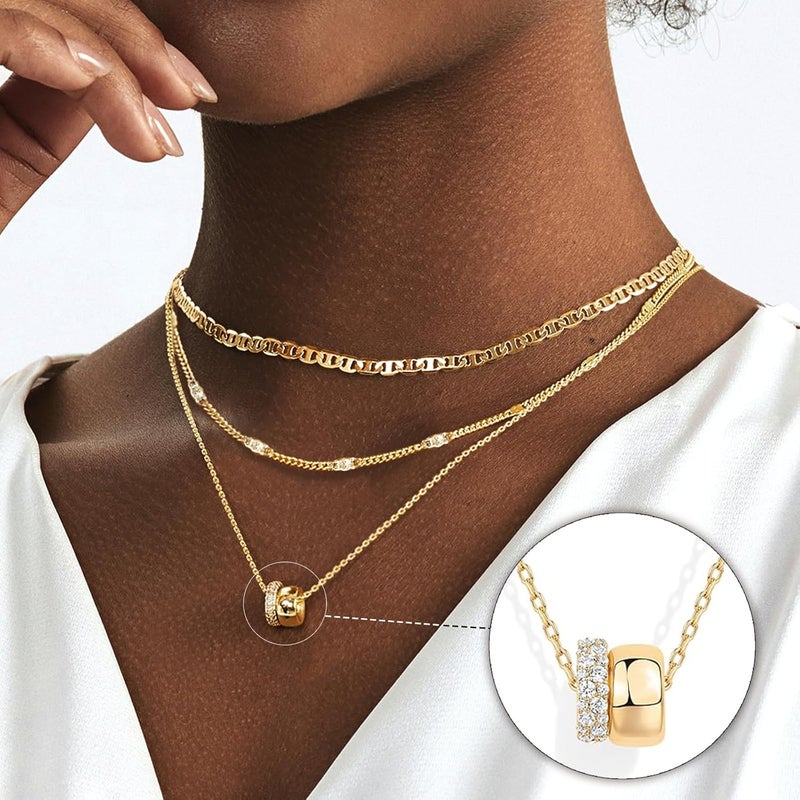 OGD Store Layered CZ Rondelle Pendant Necklaces for Women, 14K Gold Plated Trendy Mariner Chain Dainty Circle Rondelle Pendant Choker Necklace for Women Two-Toned Cubic Zirconia Gold Necklace - Image 2